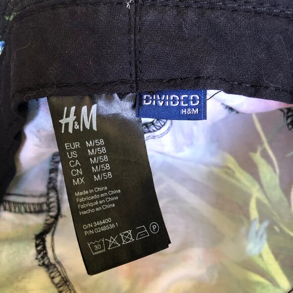 H&M Divided Tropical Parrot Bucket Hat M/58 Black Jungle Floral Brim Streetwear - Picture 4 of 7